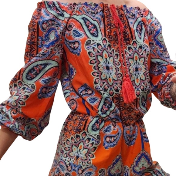 VENUS Pants - Venus Romper Off The Shoulder Floral Paisley Print Ruffle Long Sleeve